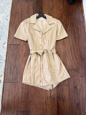 Elan Beige Short Sleeve Faux Leather Romper